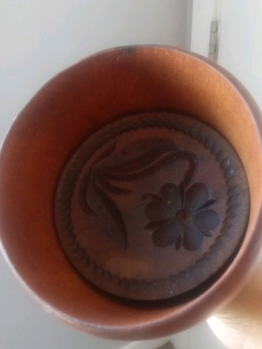 Brown Hand-Carved Wooden Decorative Vase with Floral Motif